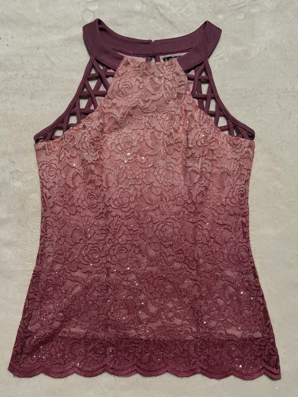 Venus Lace and Sequins Halter Tank Top in Mauve Ombre
